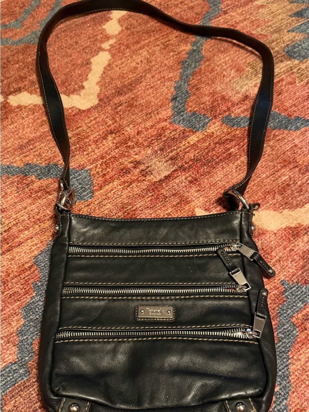 Tignanello Black Leather Crossbody with Triple Zip Front